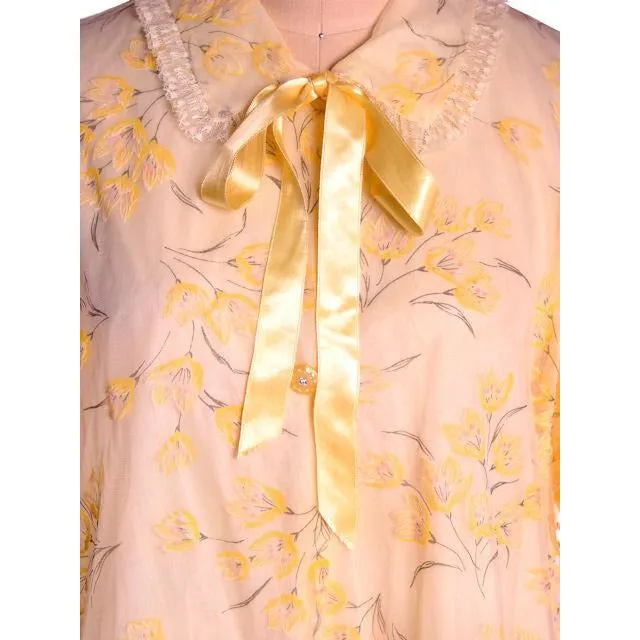 Vintage Yellow Flocked Nylon Chiffon Robe 1950s Marilyn 44 Bust Adorable