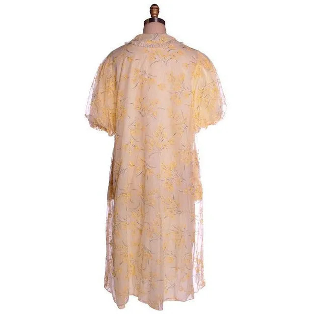 Vintage Yellow Flocked Nylon Chiffon Robe 1950s Marilyn 44 Bust Adorable