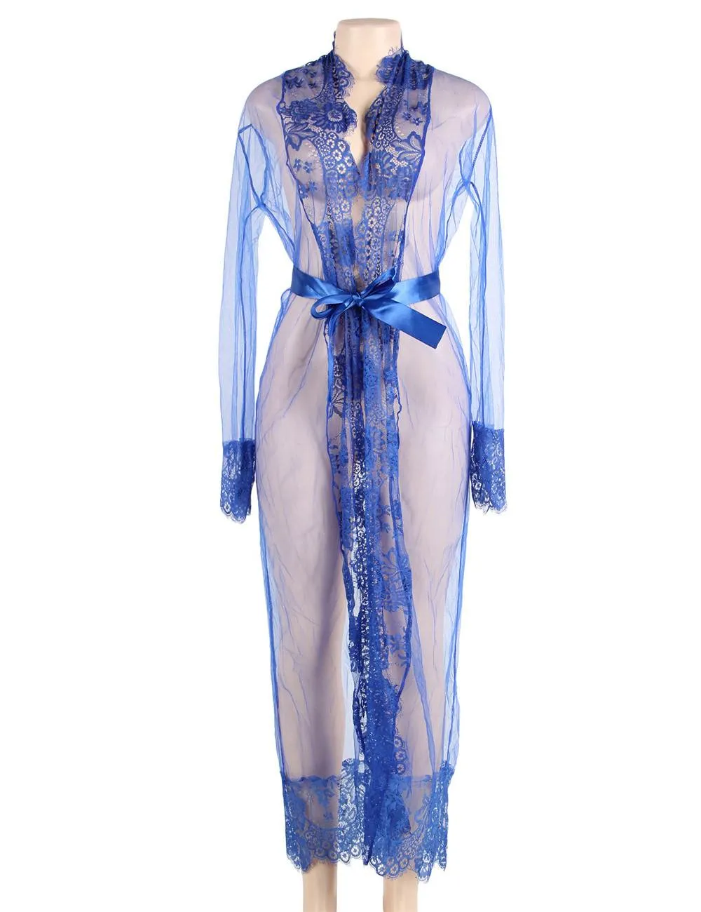 White & Black & Blue Long Sleepwear Delicate Lace Gow