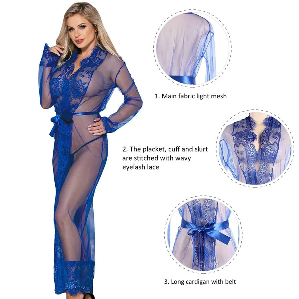 White & Black & Blue Long Sleepwear Delicate Lace Gow