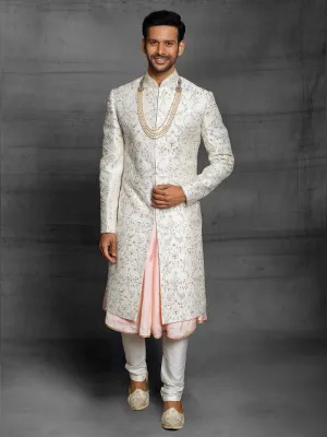 White and Pink Undertone Sherwani With Floral Threadwork