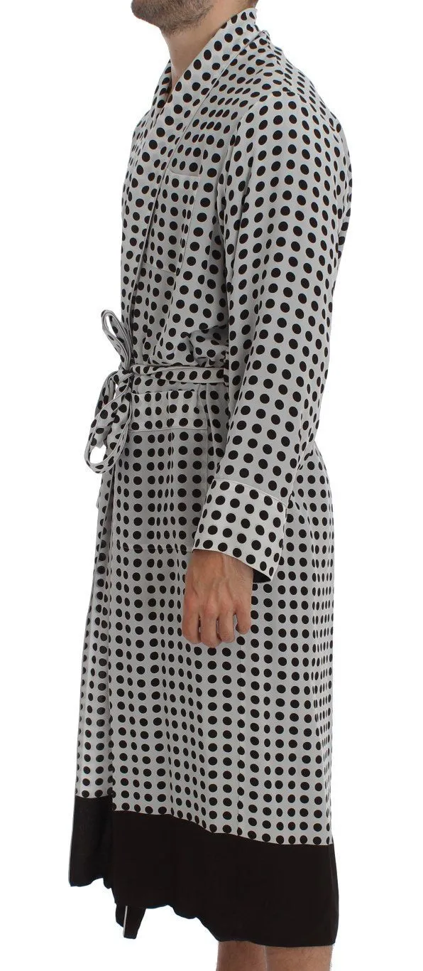 White Brown Polka SILK Robe Sleepwear Nightgown