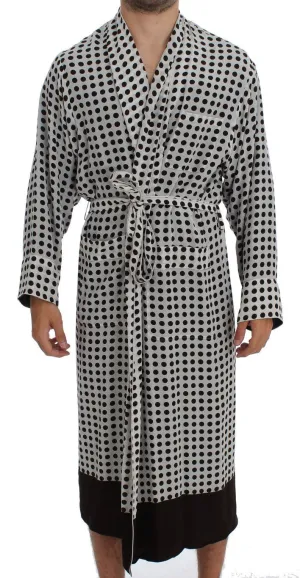 White Brown Polka SILK Robe Sleepwear Nightgown