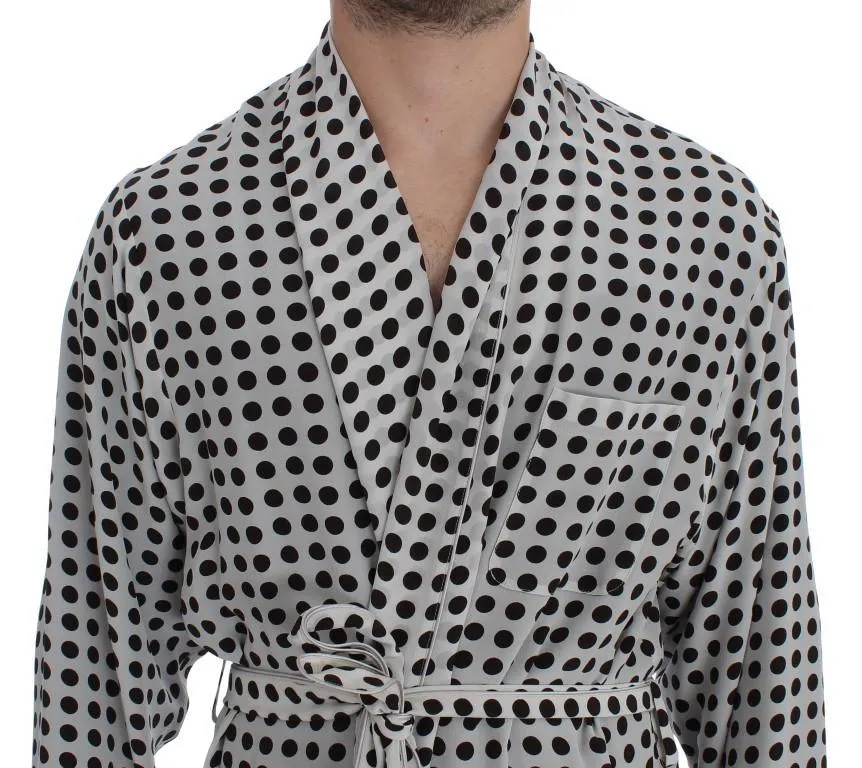 White Brown Polka SILK Robe Sleepwear Nightgown