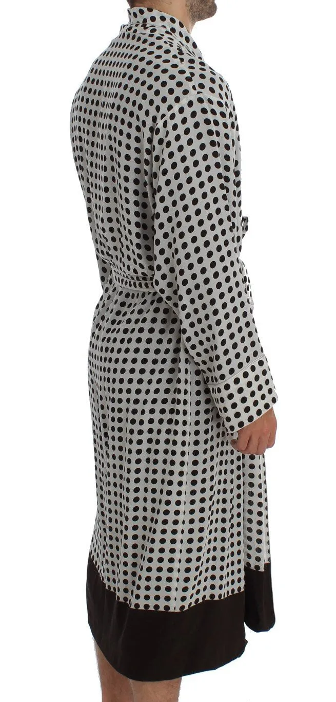 White Brown Polka SILK Robe Sleepwear Nightgown