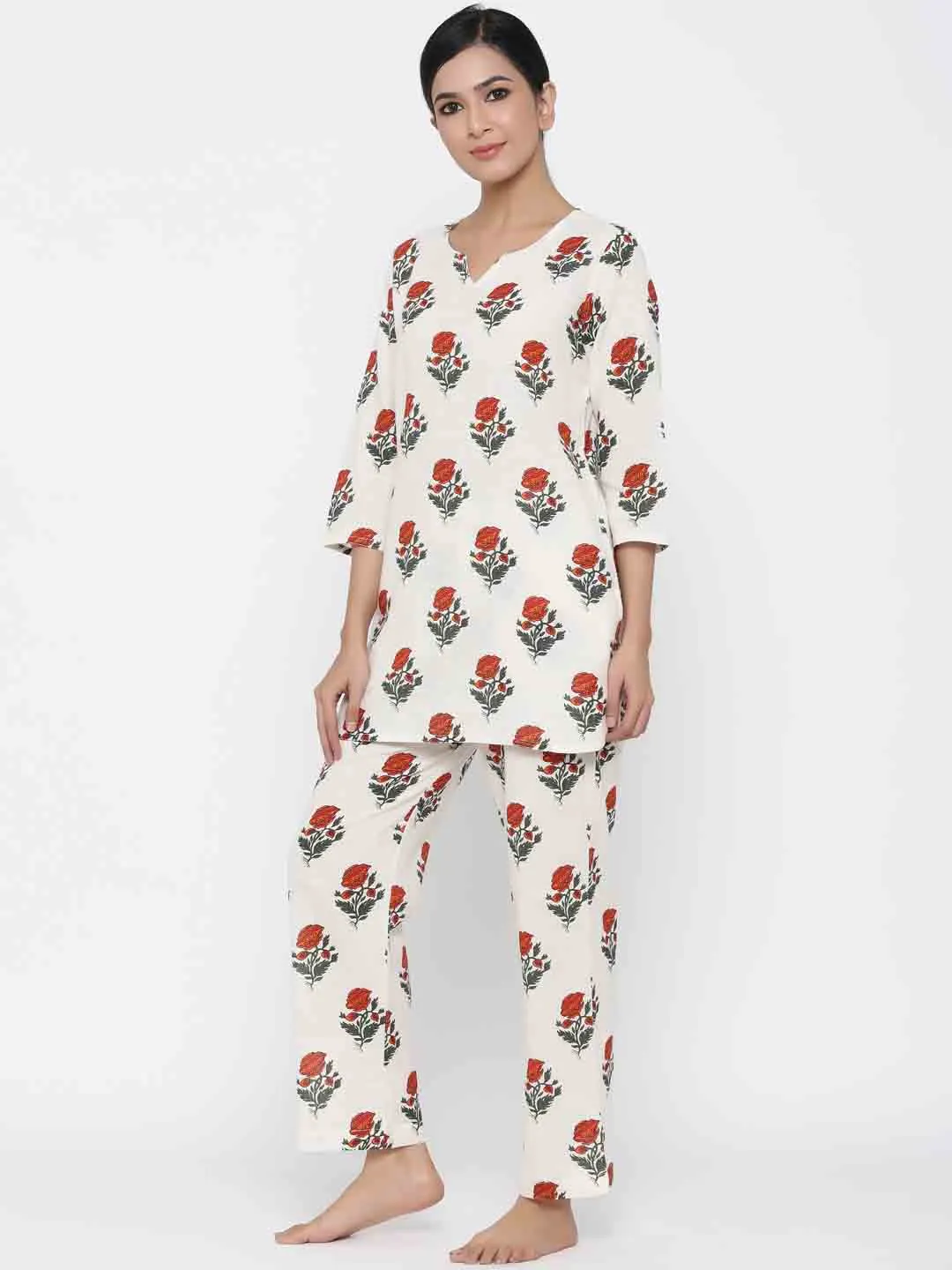 White Floral Print Straight Cotton Blend Sleepwear