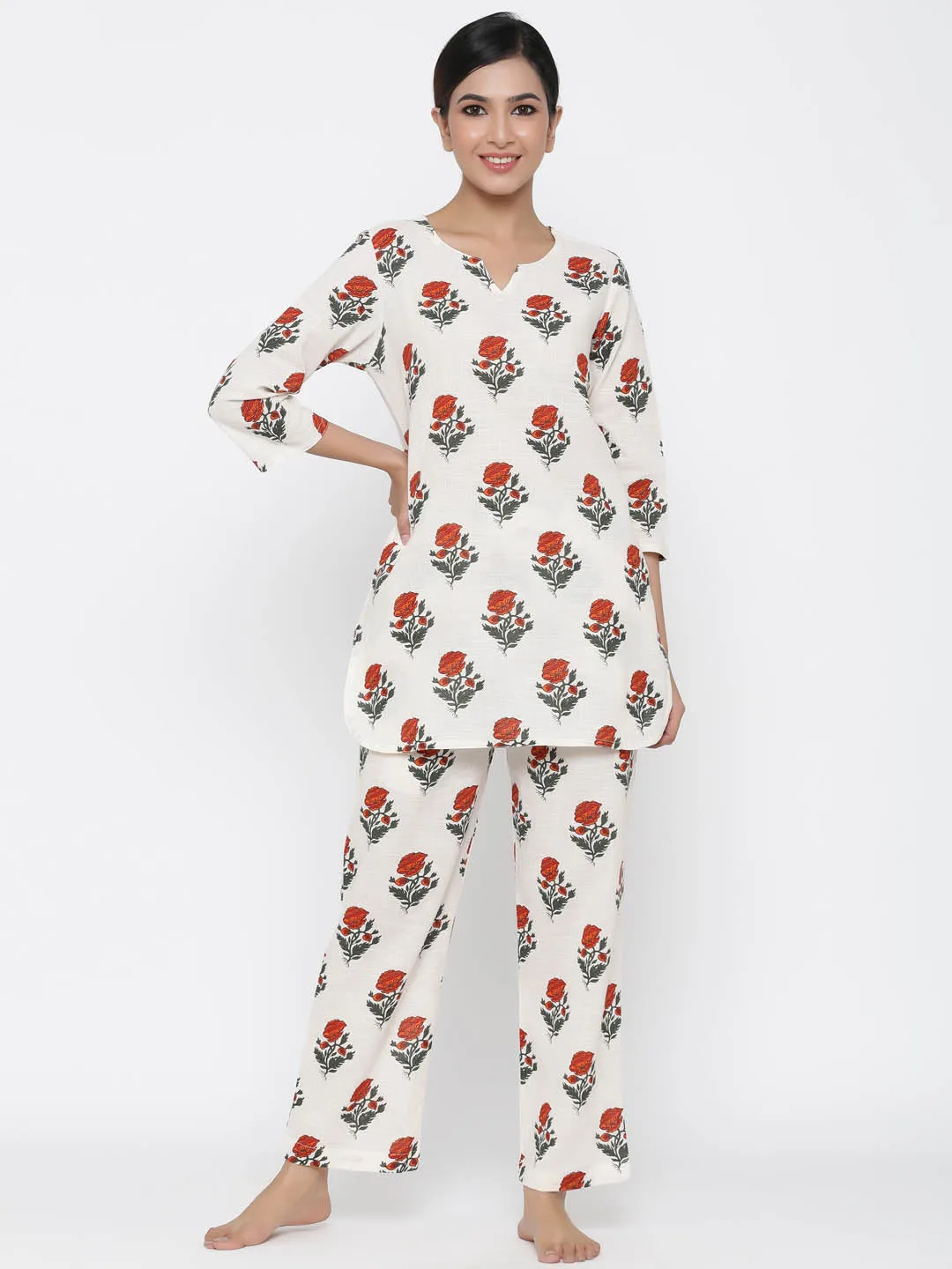 White Floral Print Straight Cotton Blend Sleepwear