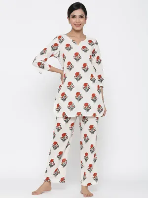 White Floral Print Straight Cotton Blend Sleepwear