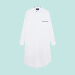White Herringbone Cotton Nightshirt With Navy Piping