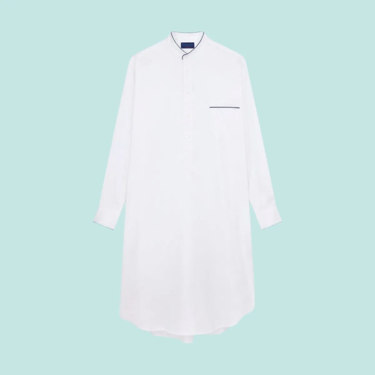 White Herringbone Cotton Nightshirt With Navy Piping