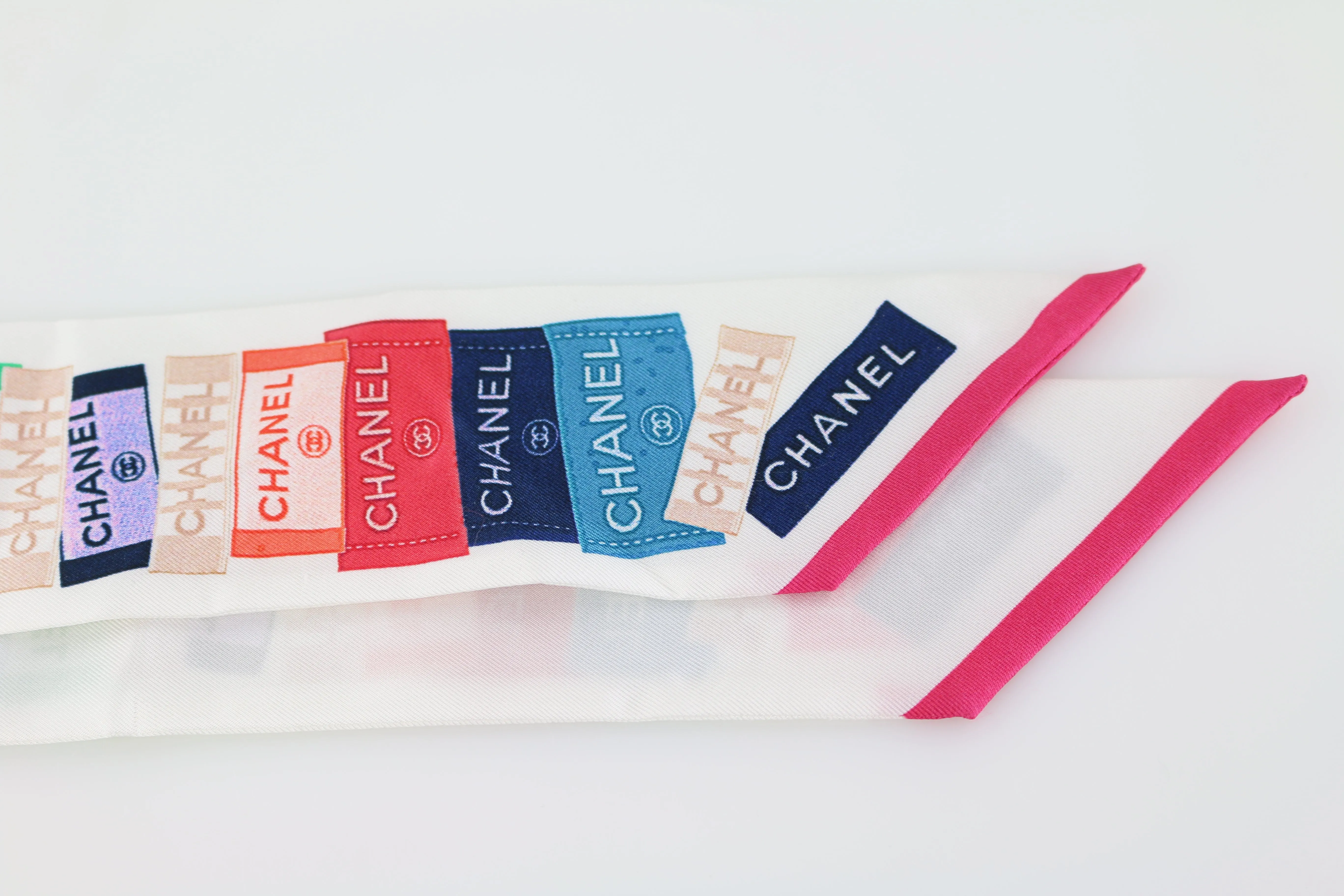 White/Multicolor Label Silk Bandeau Scarf