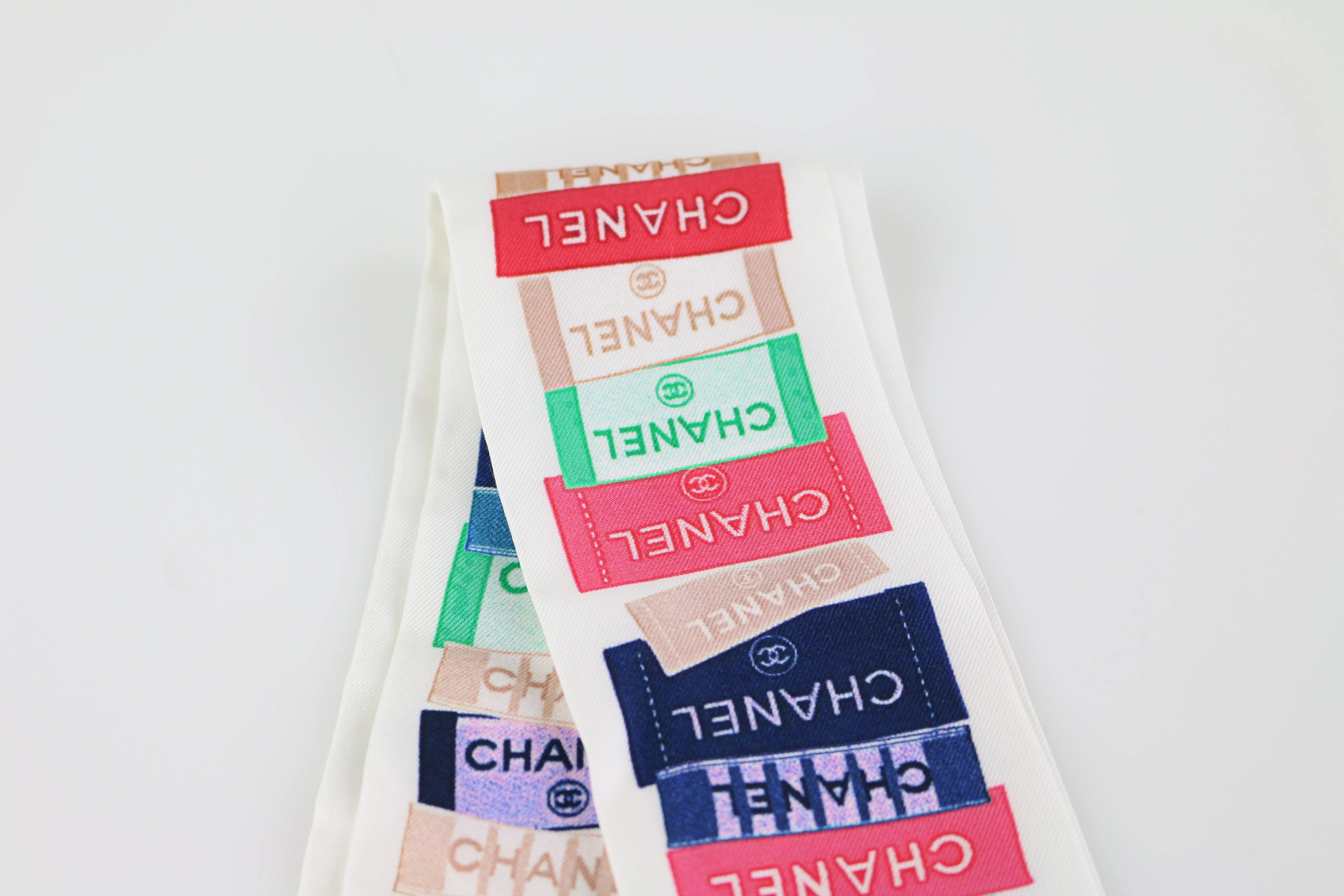 White/Multicolor Label Silk Bandeau Scarf