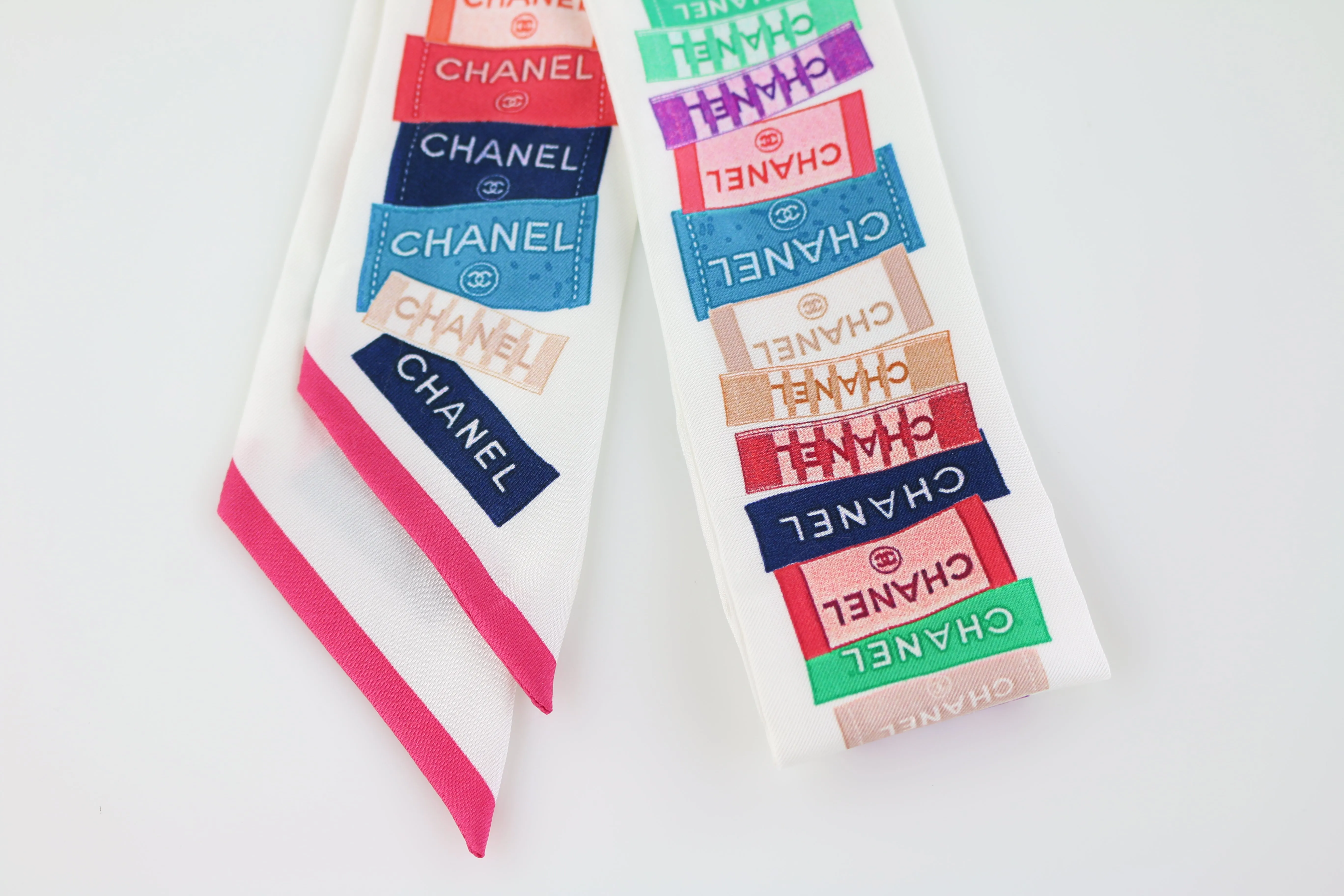 White/Multicolor Label Silk Bandeau Scarf