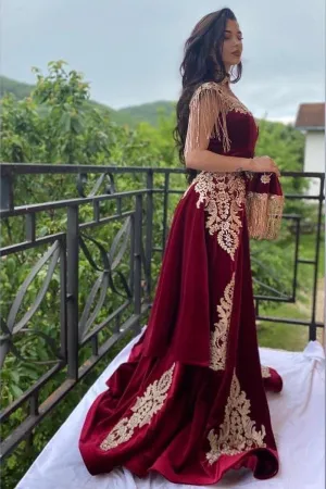 Wine red evening dresses long Yellow Floral Appliques Velvet evening wear On Sale