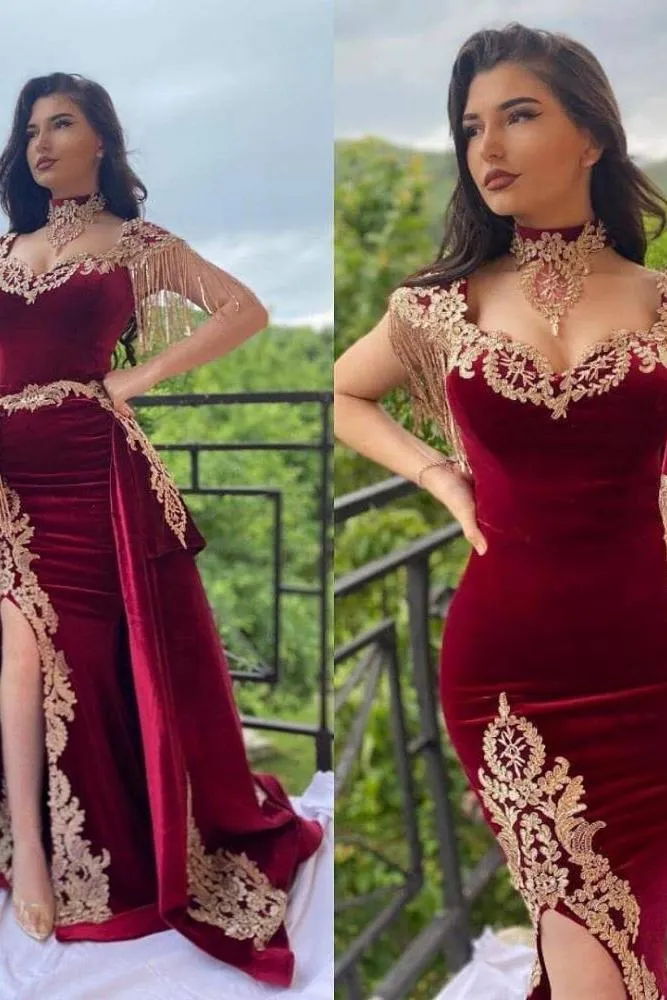 Wine red evening dresses long Yellow Floral Appliques Velvet evening wear On Sale
