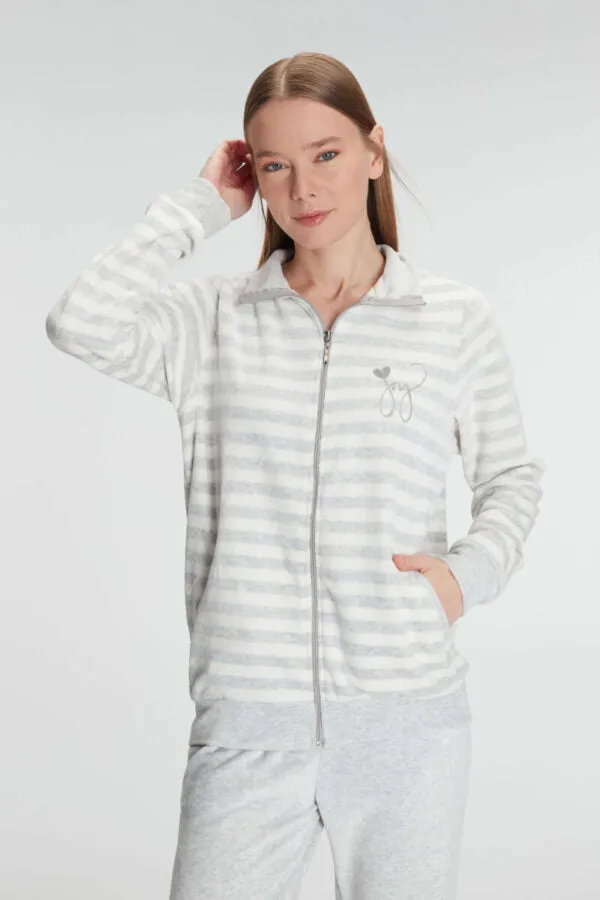 Women’s Cotton Long Sleeve Zippered Sweatshirt and Trouser Set Pajama Set