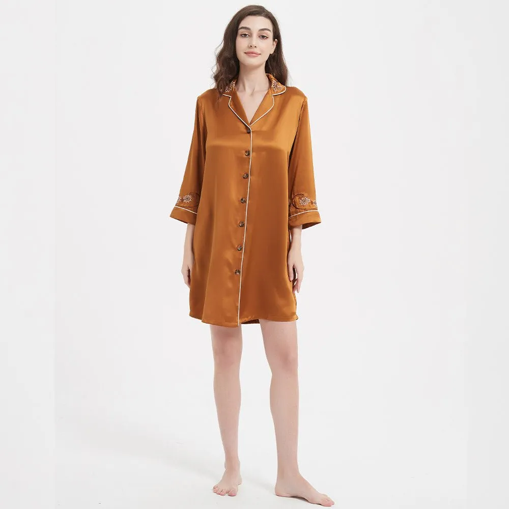 Women's Long Sleeves 100% Silk Nightshirts With Embroidery