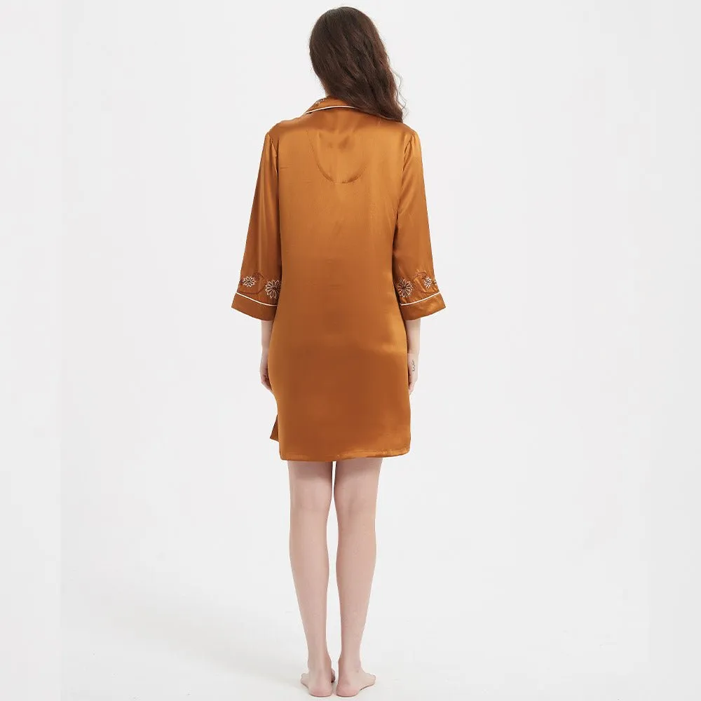 Women's Long Sleeves 100% Silk Nightshirts With Embroidery