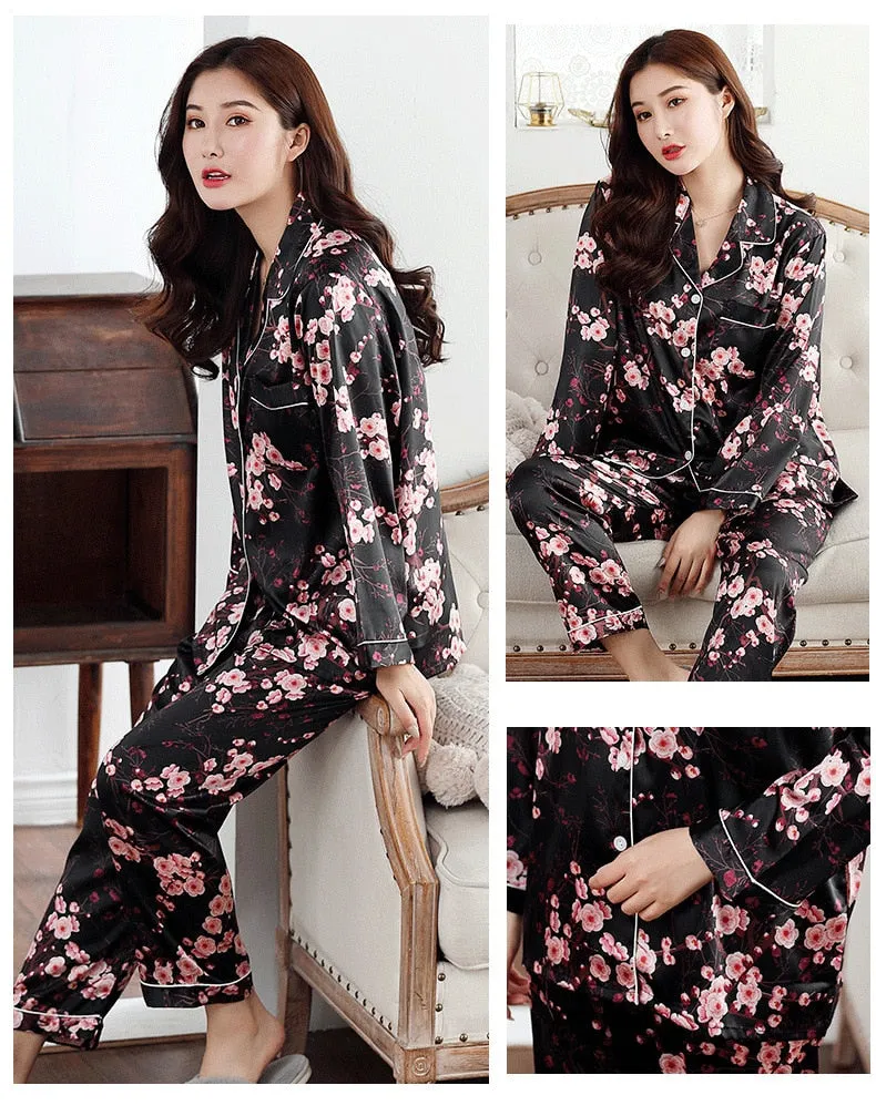 Women's Satin Sleepwear Pajama Set Long sleeve Long Pants