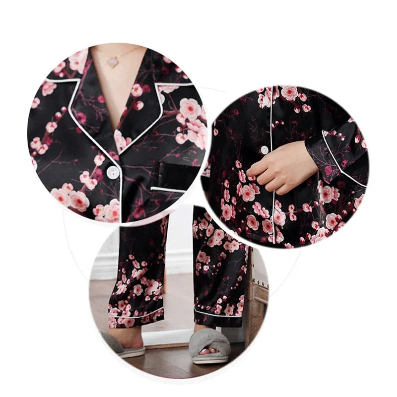 Women's Satin Sleepwear Pajama Set Long sleeve Long Pants
