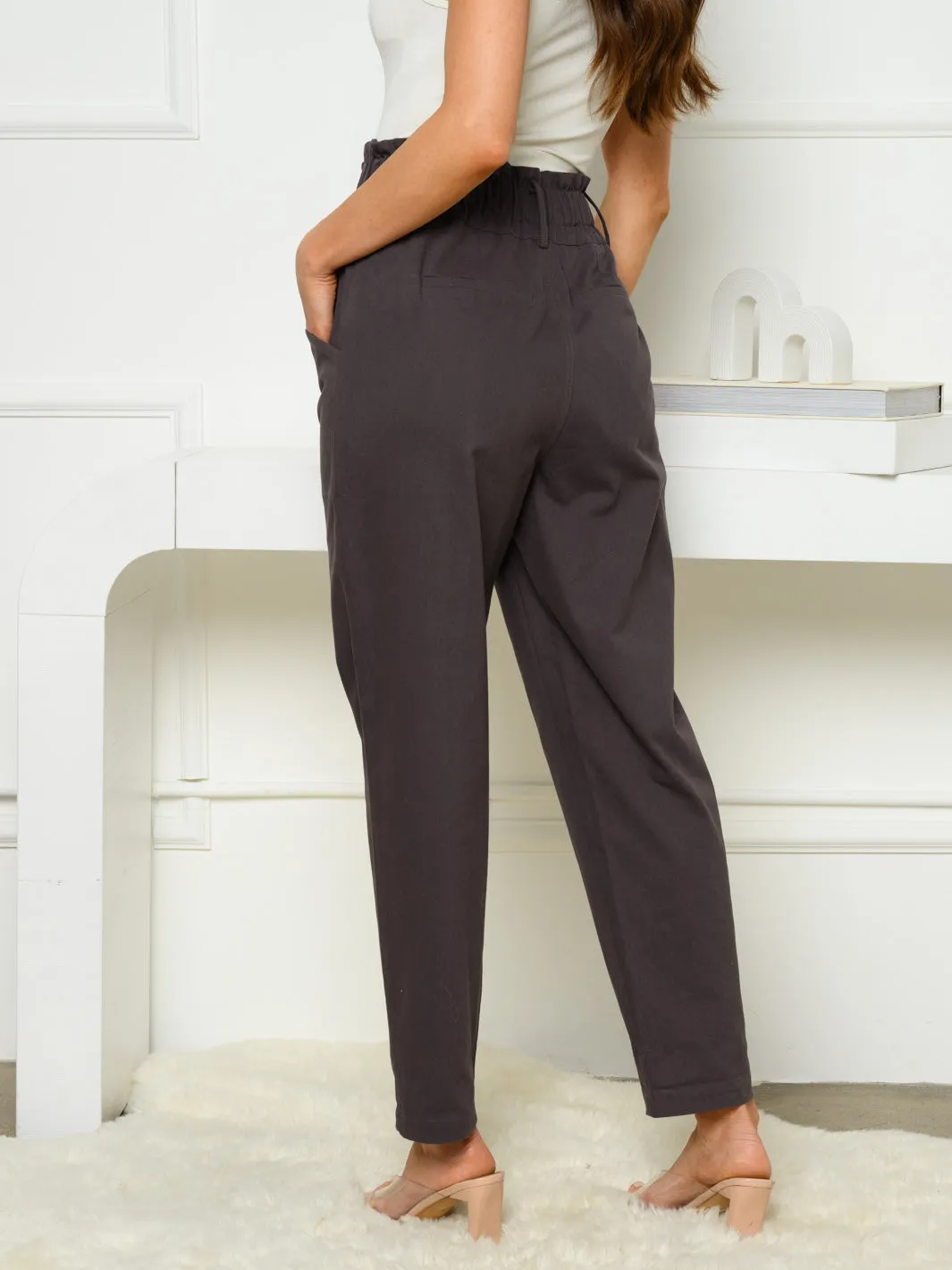 WOMEN'S STRAIGHT LEG RUCHED WAIST POCKETS PANTS