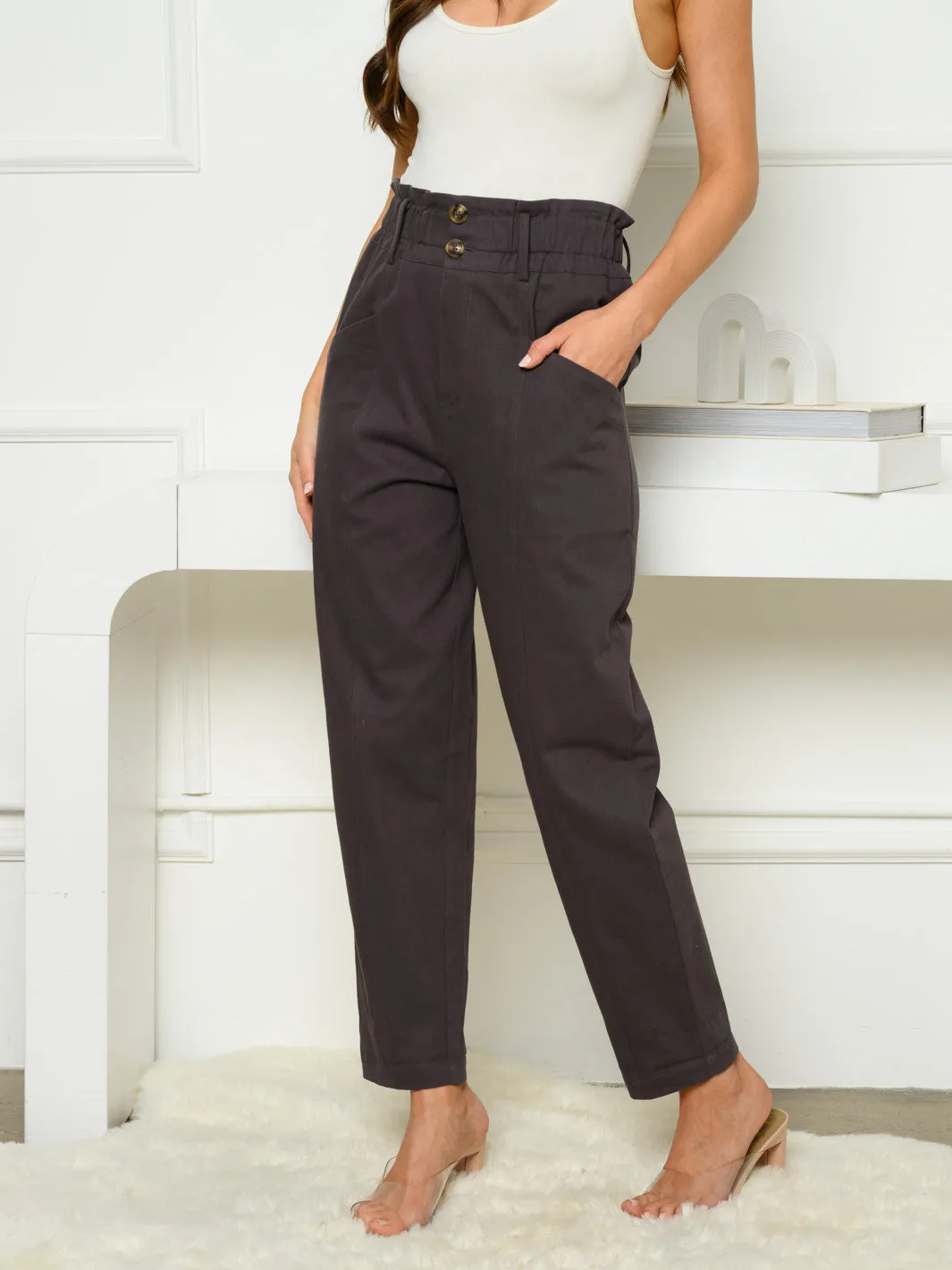 WOMEN'S STRAIGHT LEG RUCHED WAIST POCKETS PANTS
