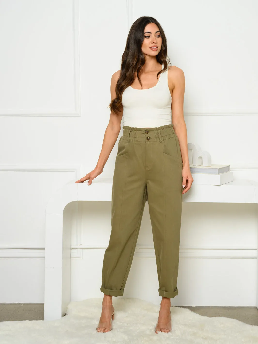 WOMEN'S STRAIGHT LEG RUCHED WAIST POCKETS PANTS