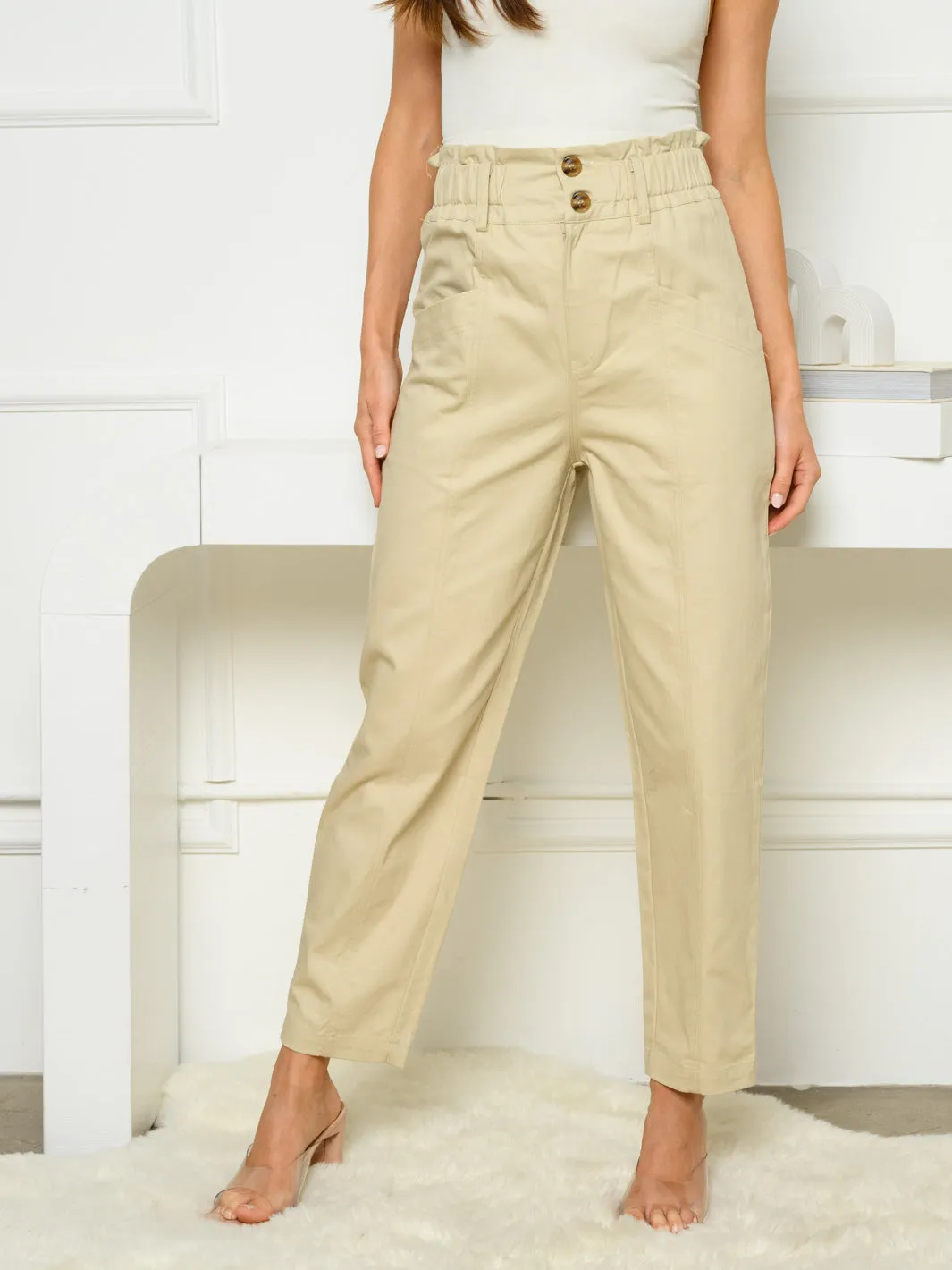 WOMEN'S STRAIGHT LEG RUCHED WAIST POCKETS PANTS