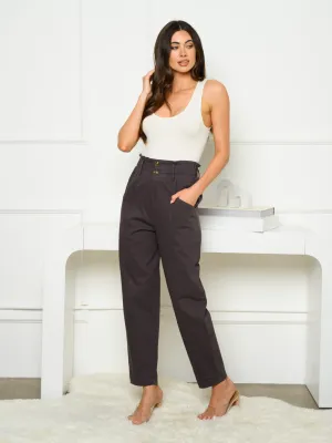 WOMEN'S STRAIGHT LEG RUCHED WAIST POCKETS PANTS