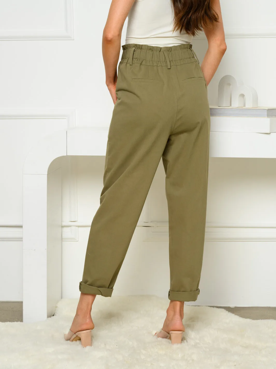 WOMEN'S STRAIGHT LEG RUCHED WAIST POCKETS PANTS