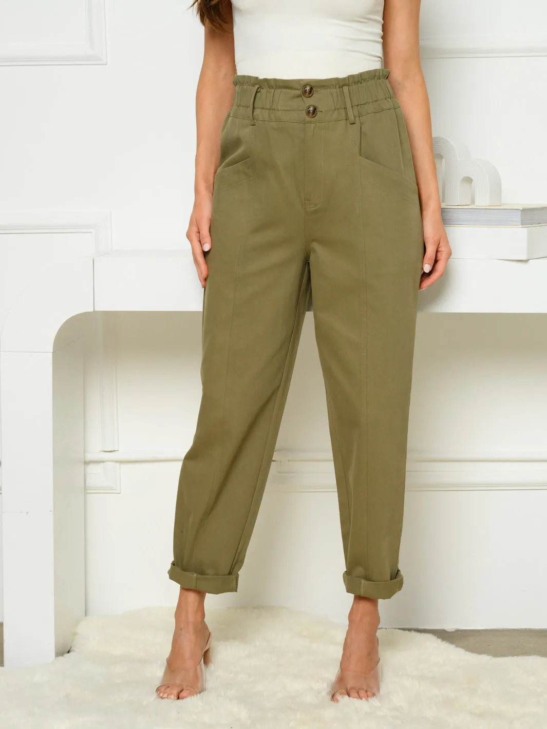 WOMEN'S STRAIGHT LEG RUCHED WAIST POCKETS PANTS