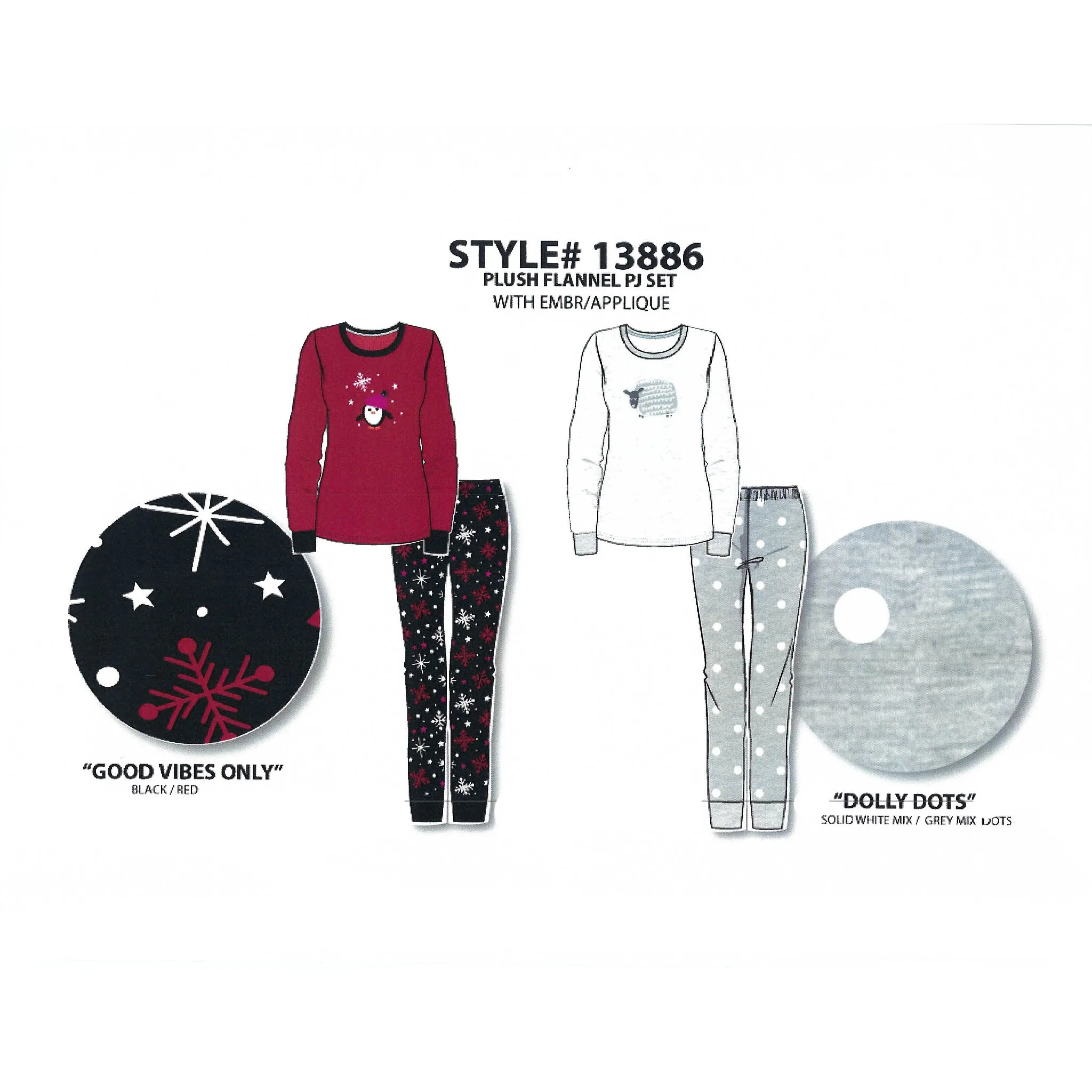 Women's Two Piece Plush Flannel Pajama Set with Embroidered Applique