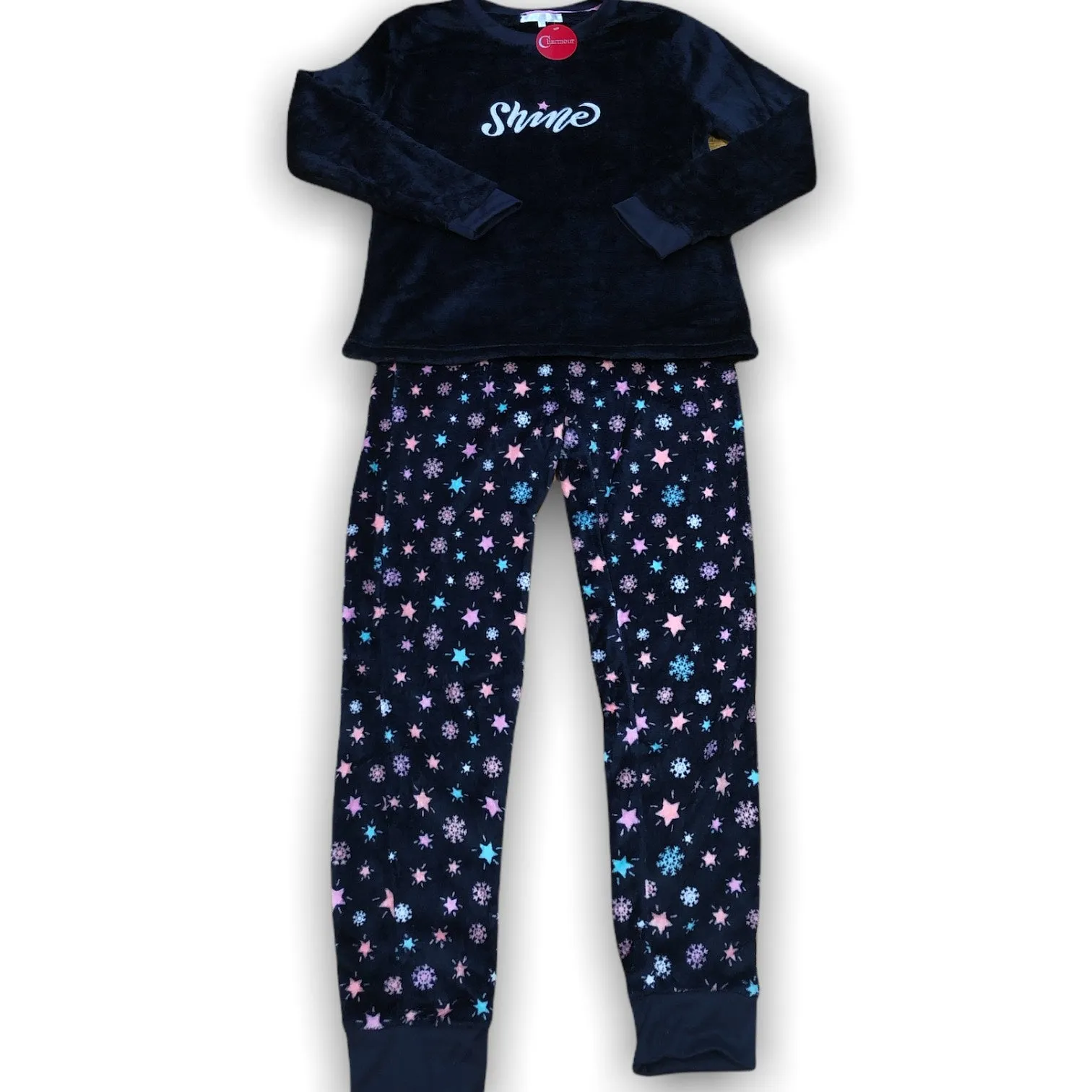 Women's Two Piece Plush Flannel Pajama Set with Solid Top & Printed Pants