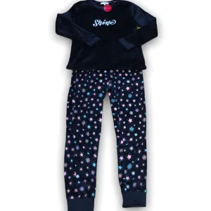 Women's Two Piece Plush Flannel Pajama Set with Solid Top & Printed Pants
