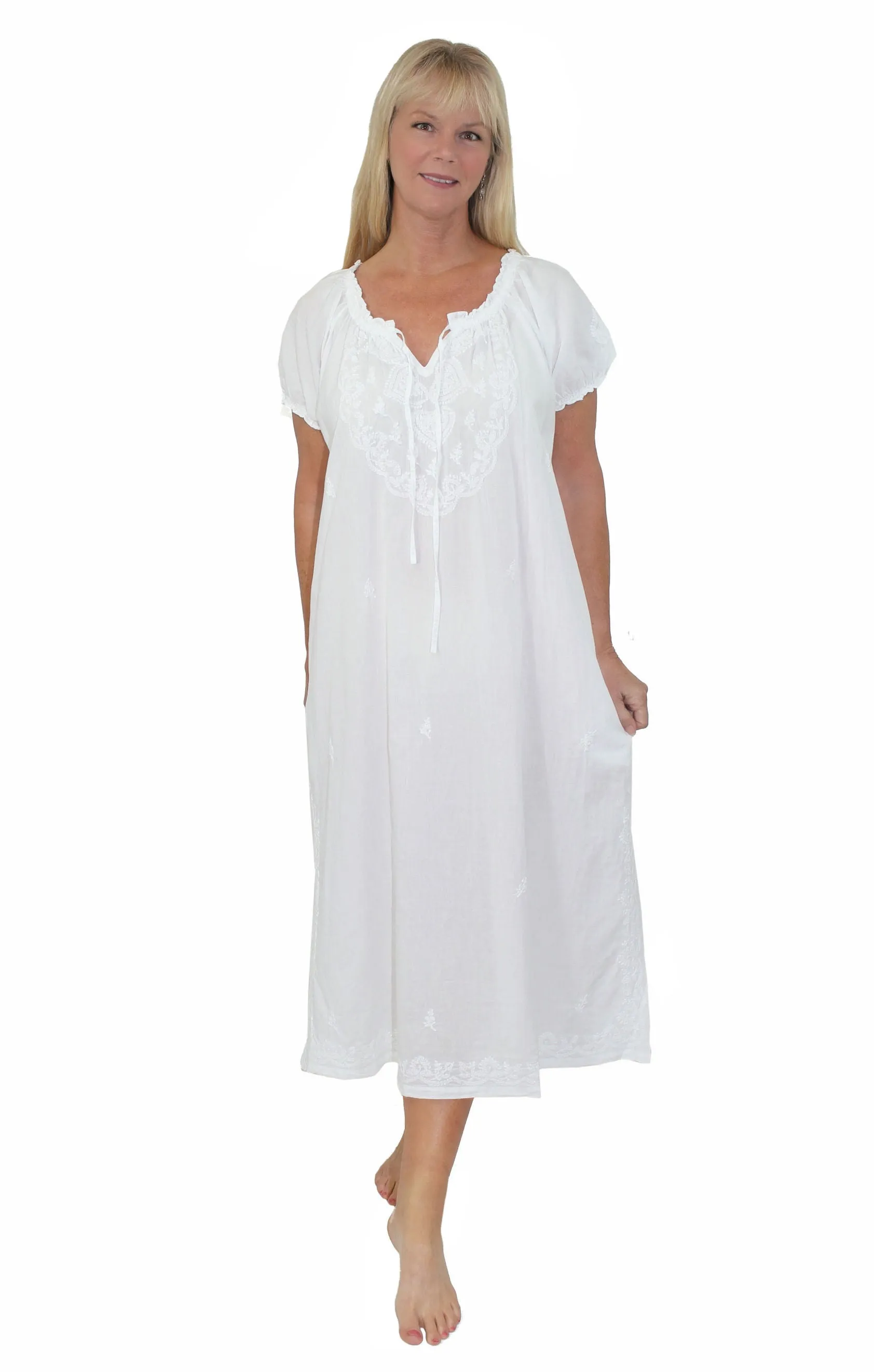Women's White Cotton Puff Sleeve Long Nightgown