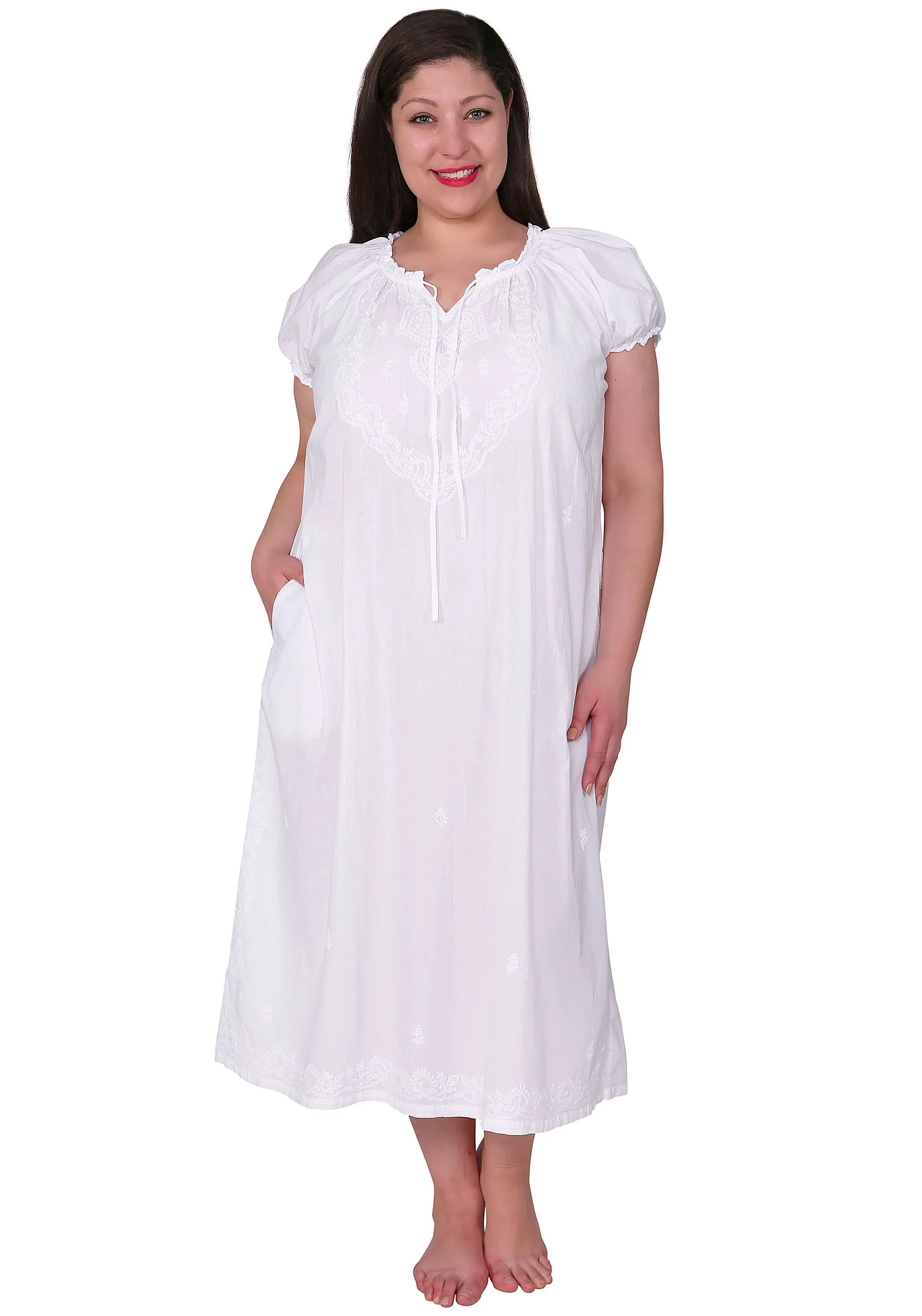 Women's White Cotton Puff Sleeve Long Nightgown
