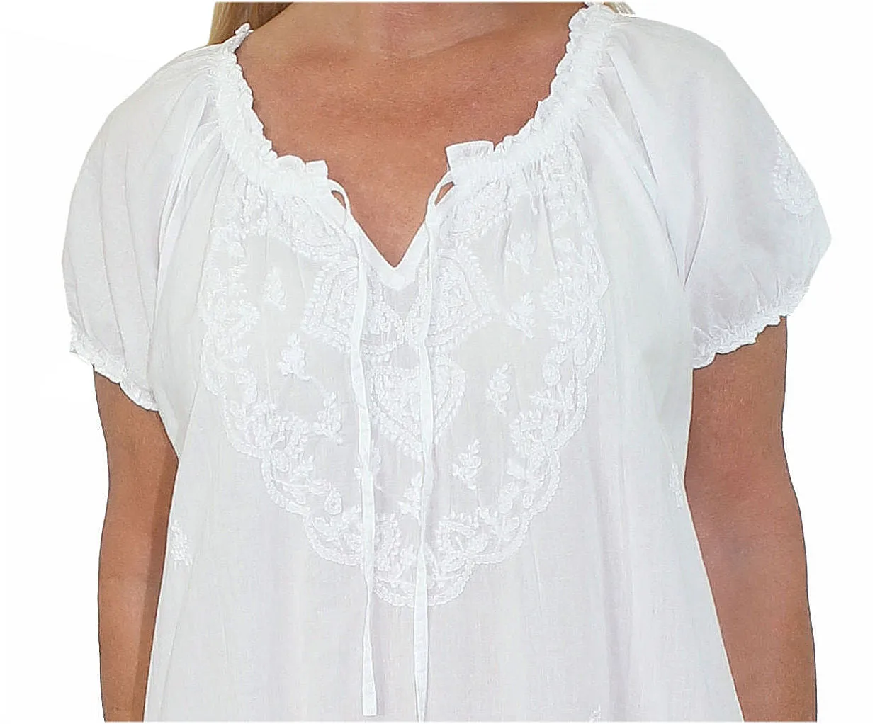 Women's White Cotton Puff Sleeve Long Nightgown