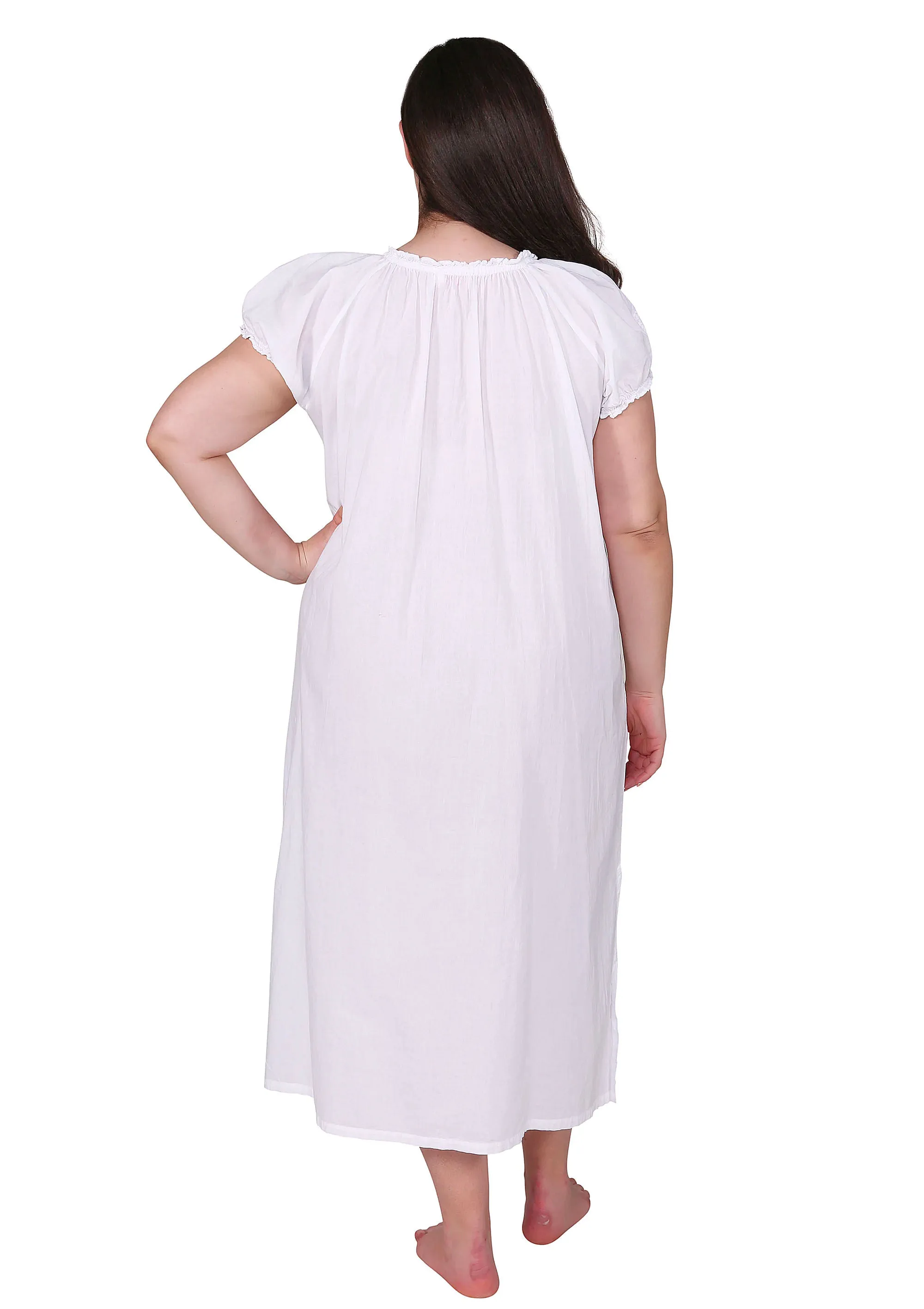 Women's White Cotton Puff Sleeve Long Nightgown