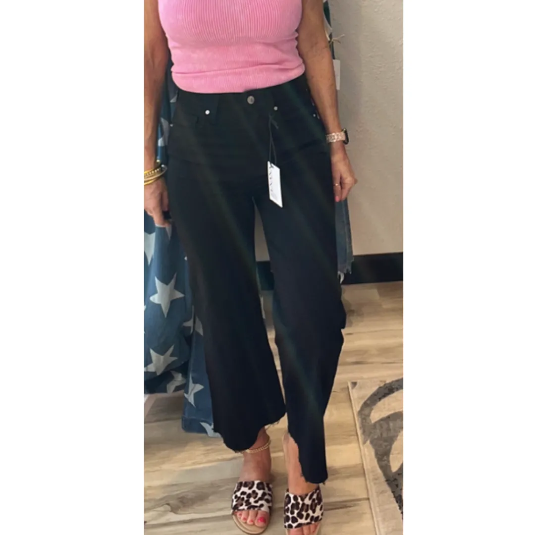 Zenana Acid Washed High Waist Frayed Hem Straight Wide Pants - 2 Colors