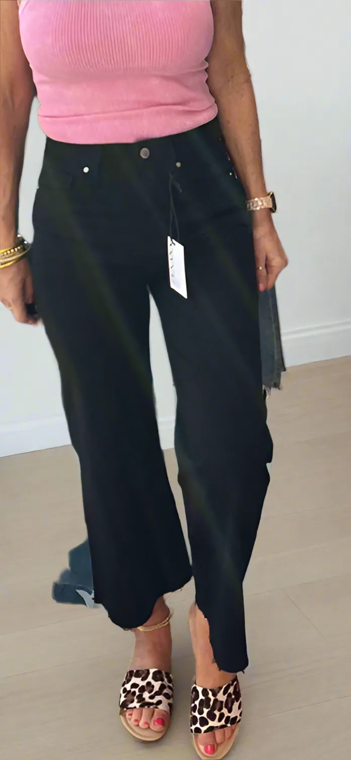 Zenana Acid Washed High Waist Frayed Hem Straight Wide Pants - 2 Colors