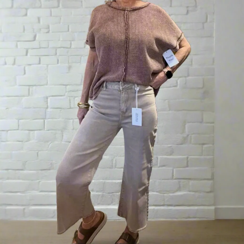 Zenana Acid Washed High Waist Frayed Hem Straight Wide Pants - 2 Colors